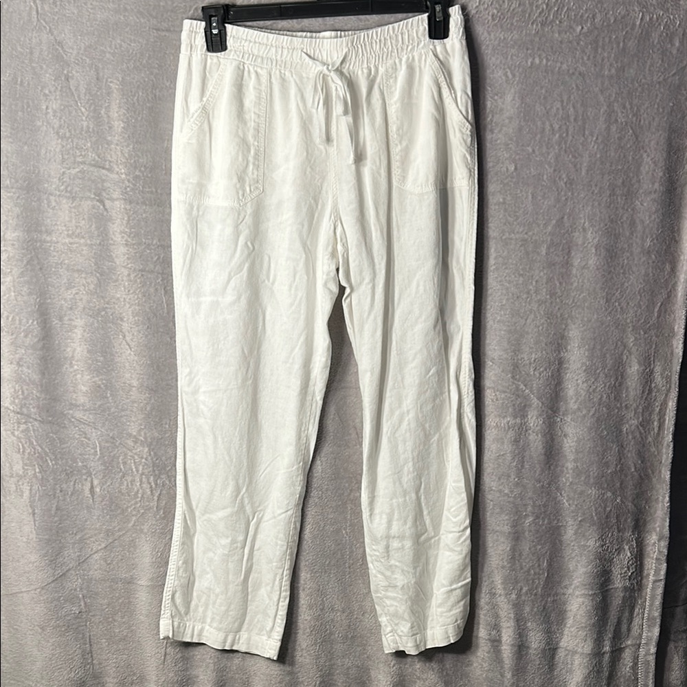 Cato White Linen Blend Pants with Elastic Waistband Petite